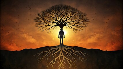 Silueta negra de una persona parada debajo de un árbol con raíces visibles, que simboliza conexión, fuerza y ​​​​crecimiento personal.