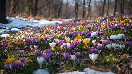 A wide view of crocus flowers covering the ground in an array of purple, yellow, and white, with the last snow patches melting.