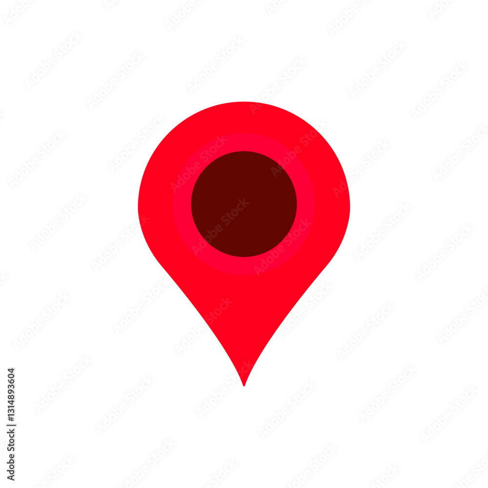 Poster red map pin symbol with a dark center, indicating a specific location or destination point.