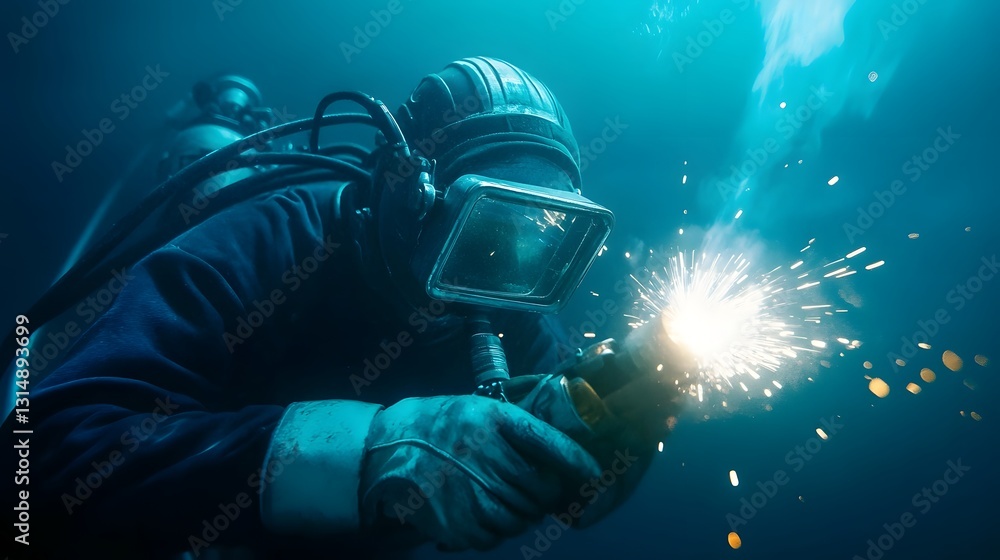Poster underwater welding machine sparks lighting up deep ocean structures