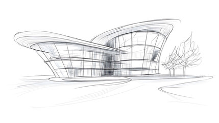 Architectural sketch of a modern glass building with a curved roof and stylized trees on a white background.