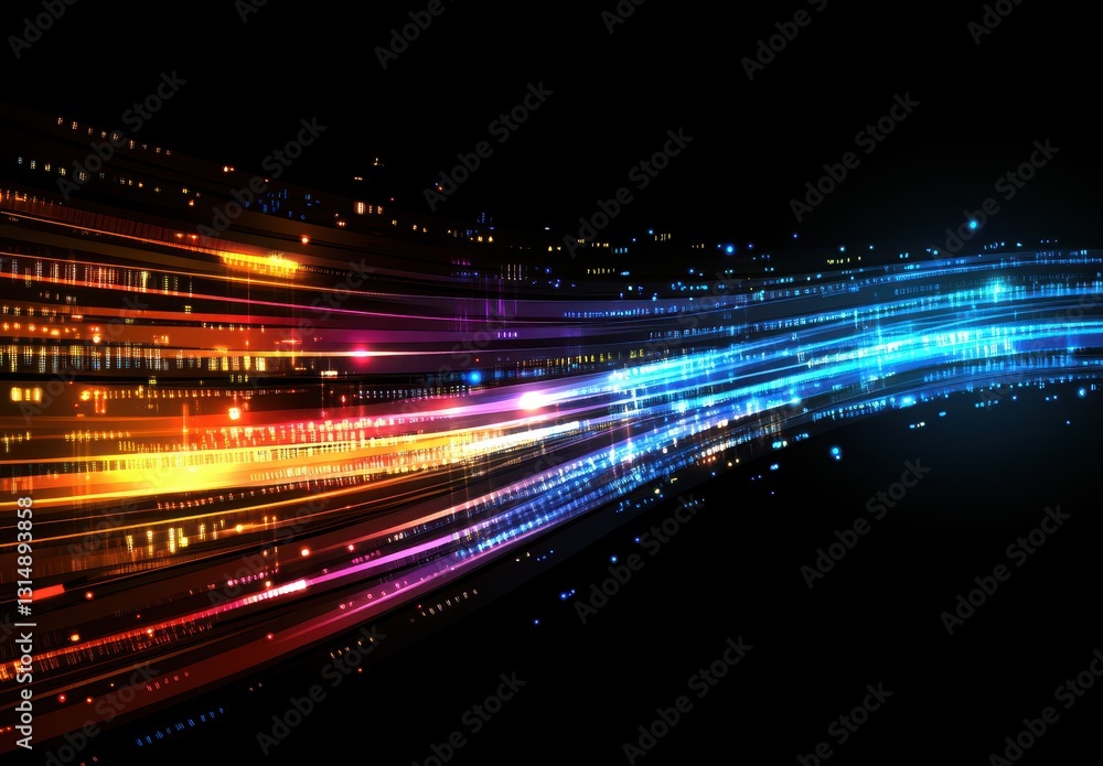 Poster vibrant motion blur of colorful light trails with soft glows and abstract background for art and tec