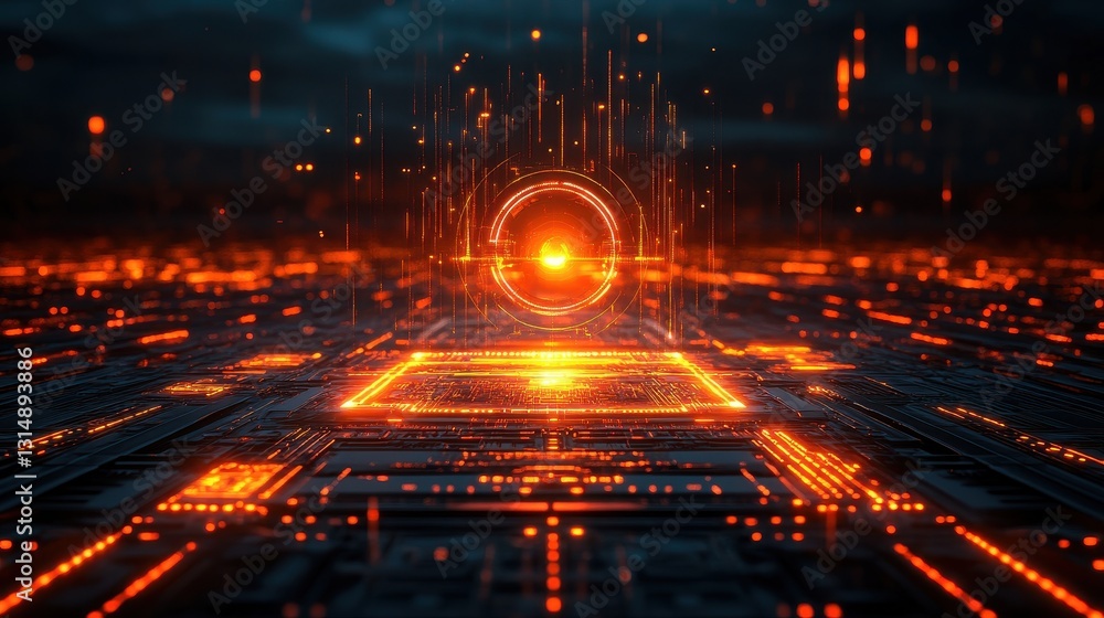 Poster dynamic digital sphere glowing in dark environment high-tech visualization futuristic concept