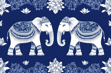 A traditional Thai pattern with elephants and lotus flowers, arranged in an intricate design on a navy blue background