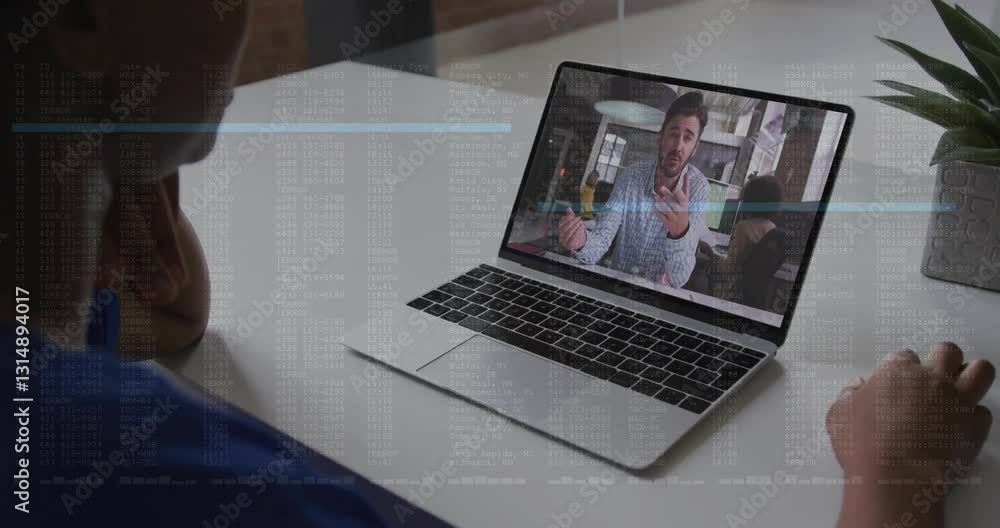 Poster person watching video call on laptop with data processing animation overlay