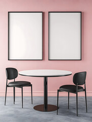 Minimalist scene: two blank framed posters above a small round table and two chairs against a pink wall.