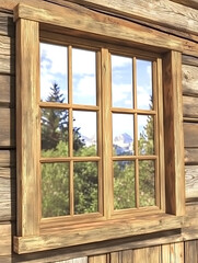 Rustic wooden window frame reflects a scenic mountain and forest view set in weathered log cabin wall.