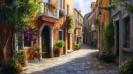 Fototapeta premium A charming cobblestone street lined with colorful buildings and vibrant flowers.