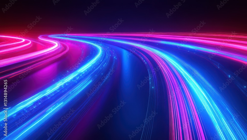 Poster vibrant neon light trails in motion creating a dynamic abstract background for technology, music, an