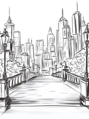 Fototapeta premium Urban Sketch: A bridge leads to a cityscape skyline with diverse skyscrapers and ornate streetlamps.