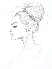 Elegant pencil sketch of a woman in profile featuring a high bun hairstyle and delicate facial features.
