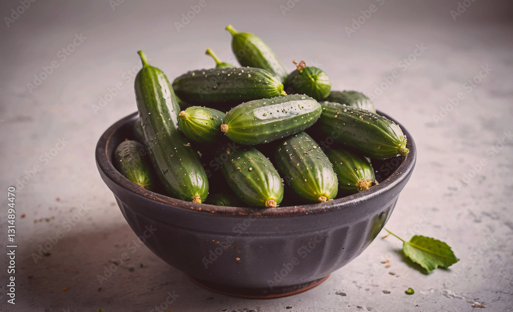 Poster Bowl of cucumbers is sitting on a counter. The cucumbers are green and have a few spots on them