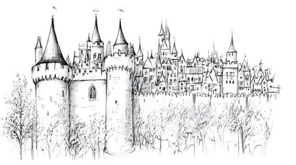 Fototapeta premium Detailed pen and ink drawing of a medieval castle and town behind a high stone wall surrounded by bare trees.