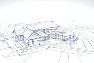 Obraz premium Architectural blueprint of a modern house design featuring clean lines and large windows set against a simple landscape.