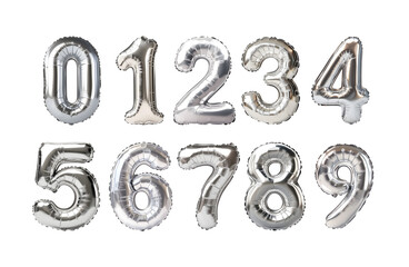 Silver Number 0-9 Foil Balloon Collection on Transparent Background