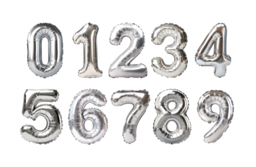 Silver Number 0-9 Foil Balloon Collection on Transparent Background