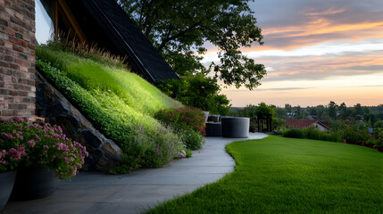 A modern home garden features lush vegetation and relaxing patio area