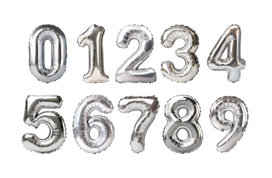 Silver Number 0-9 Foil Balloon Collection on Transparent Background