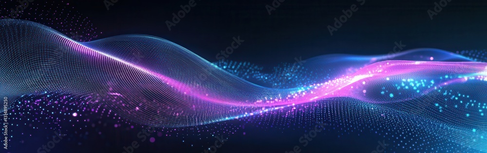Poster vibrant wave design with glowing dots and colorful lines in a digital abstract background for techno