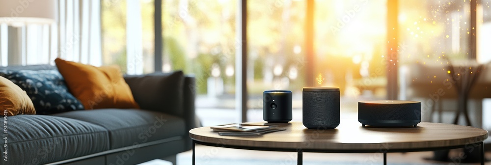 Aufkleber stylish living room features smart speakers and user controlling lighting and music for a dynamic en