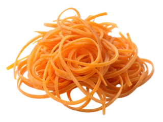 Preparing freshly spiralized sweet potato noodles kitchen food photography home cooking top view, isolated on white or transparent background