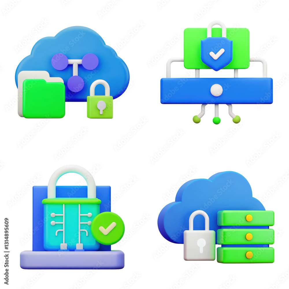 Aufkleber colorful icons representing cloud security, data protection, network security, and file management c