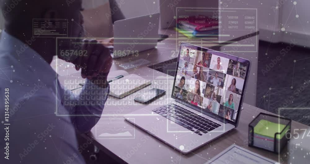 Poster virtual meeting on laptop screen with data processing animation overlay
