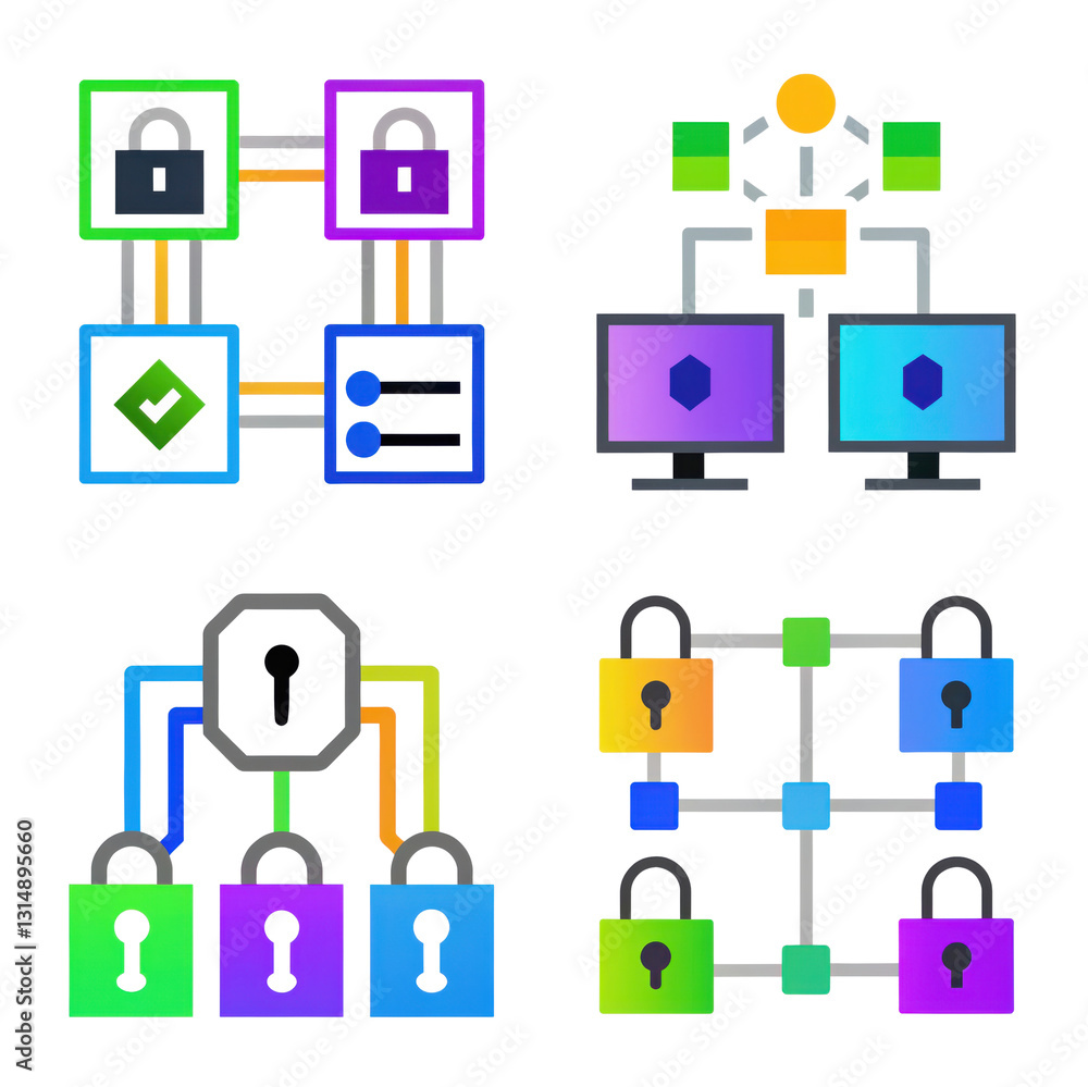Poster colorful digital security icons representing data protection and network security concepts in modern