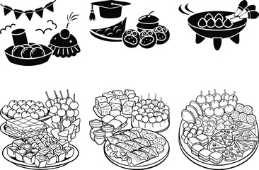 Black and White Graduation Party Food Illustrations: Appetizers, Desserts, Snacks, Celebration Graphics, Vector Art