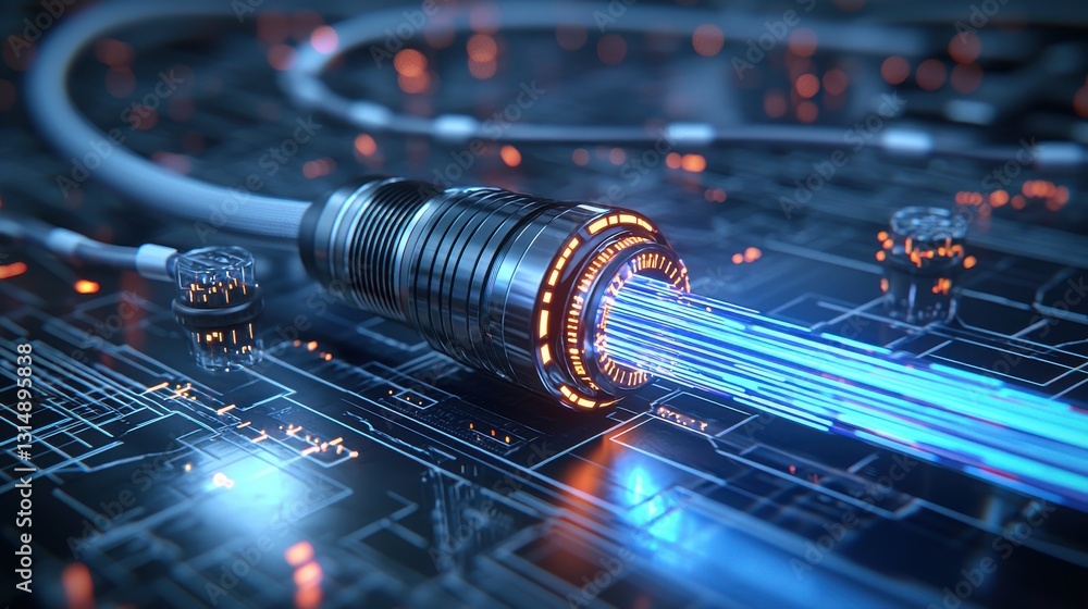 Poster closeup view of a sleek futuristic circuit board with intricate digital connections pulsing energy f