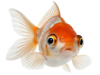 Goldfish with unique bubble eye trait swimming in clear water underwater environment close-up, isolated on white or transparent background