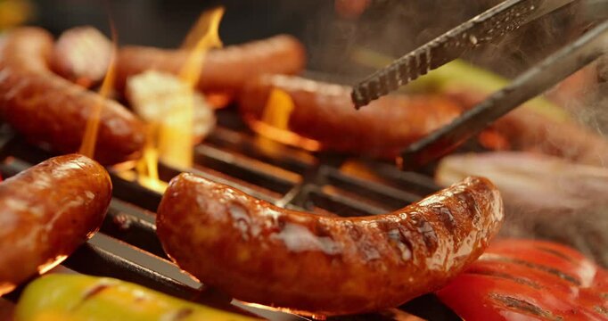 Extreme close-up view of an unrecognizable chef flipping sausages with tong, super slow-motion footage