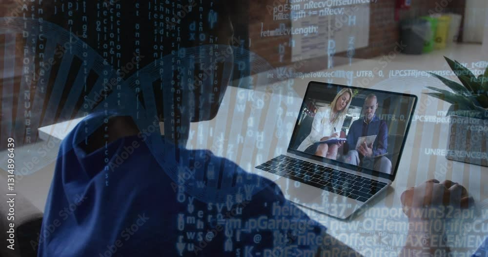 Poster dna strand and binary coding animation over person video calling on laptop