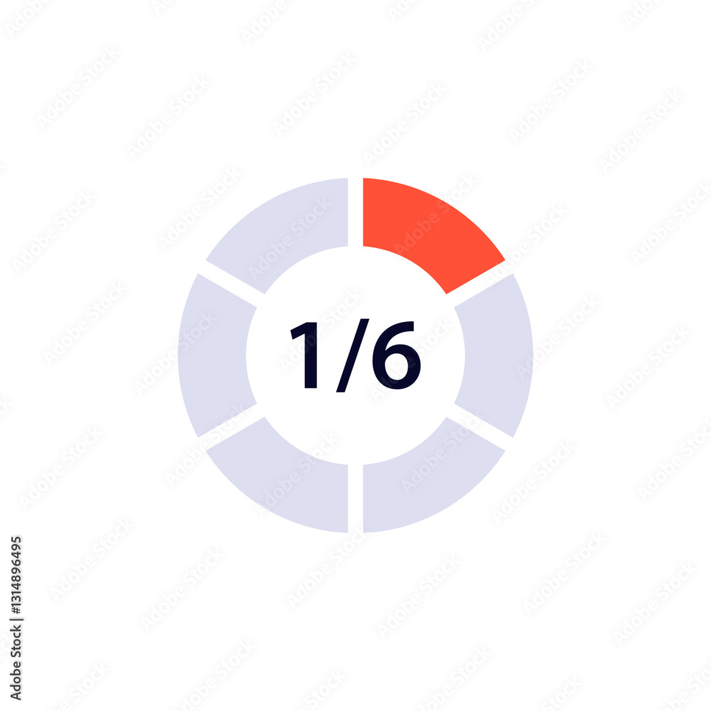 Poster a circular progress icon displays one sixth completed in bold black text with a bright red segment.