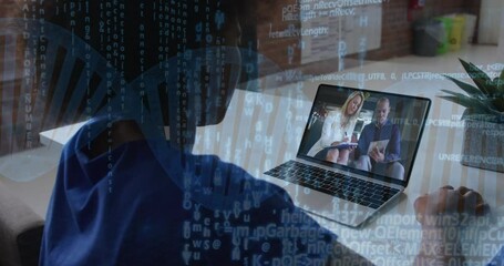 DNA strand and binary coding animation over person video calling on laptop - Powered by Adobe