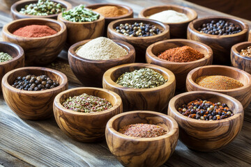 A collection of wooden bowls filled with aromatic Indian spices and herbs, placed on a rustic wooden background, creating a vibrant, earthy scene perfect for culinary inspiration