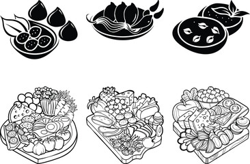 Black and White Food Illustration: Figs, Appetizers, Charcuterie Board, Cheese, Grapes, and Bread - Vector Graphic Design