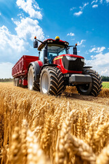 Obraz premium A vibrant tractor equipped with a grain trailer gracefully traverses a dirt path beside a golden field. Under a bright blue sky, the rural landscape radiates tranquility and hard work