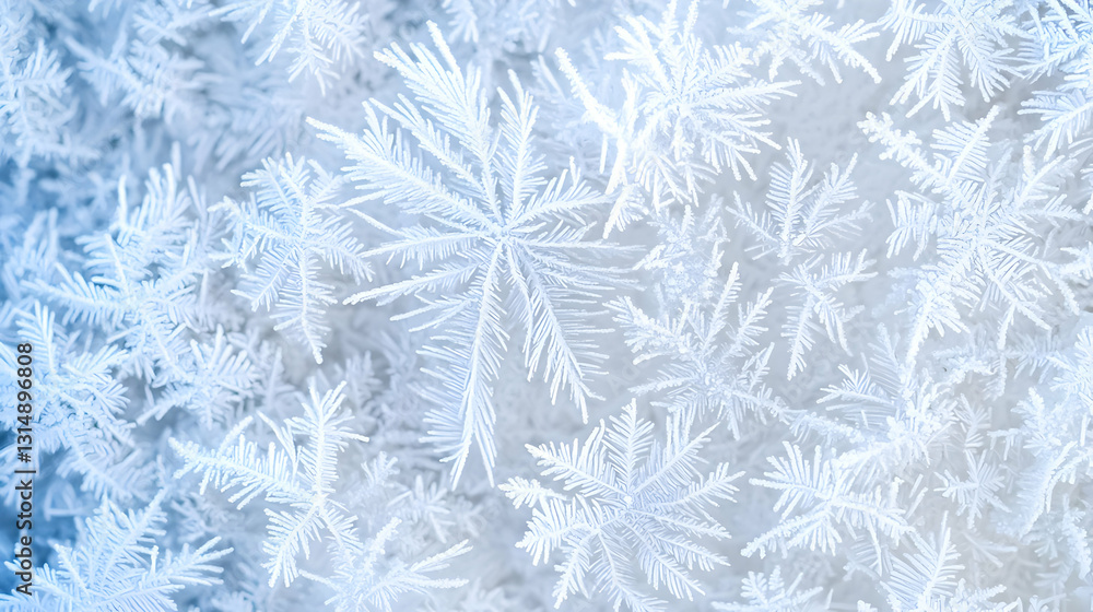 Poster close up of delicate white ice crystal snowflakes with intricate pattern on a frosted blue backgroun