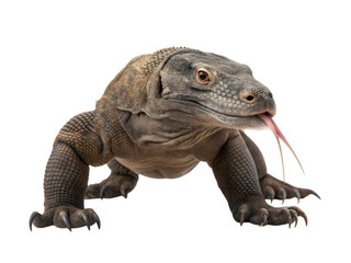 Obraz premium Komodo dragon in low stance with forked tongue nature wildlife photography close-up view, isolated on white or transparent background