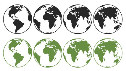 Set of Globe Icons – Black and Green Earth Illustrations Featuring World Map Silhouettes, Environmental Symbols, Global Concepts, and Planet Earth Graphics
