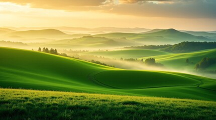 Obraz premium Serene sunrise paints the rolling green hills with a soft golden light, mist clinging low, creating a breathtaking landscape of tranquility and peace.