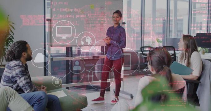 Discussing technology concepts, diverse team with animation of digital network icons