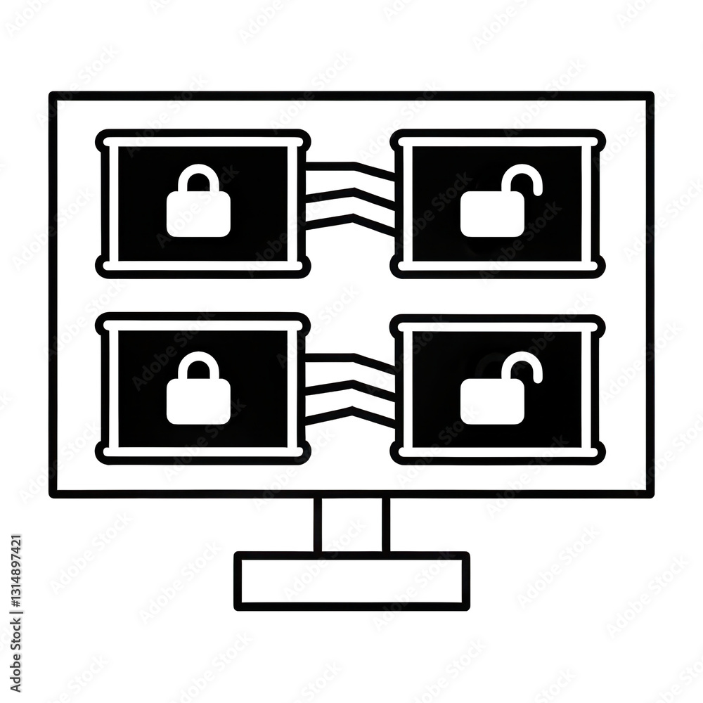 Poster secure data management system with lock icons on computer screen for visual representation of data p