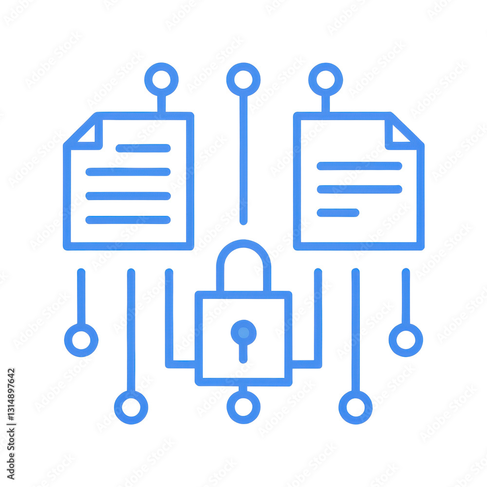 Poster secure data transfer concept with documents and lock symbol in minimalist line art style