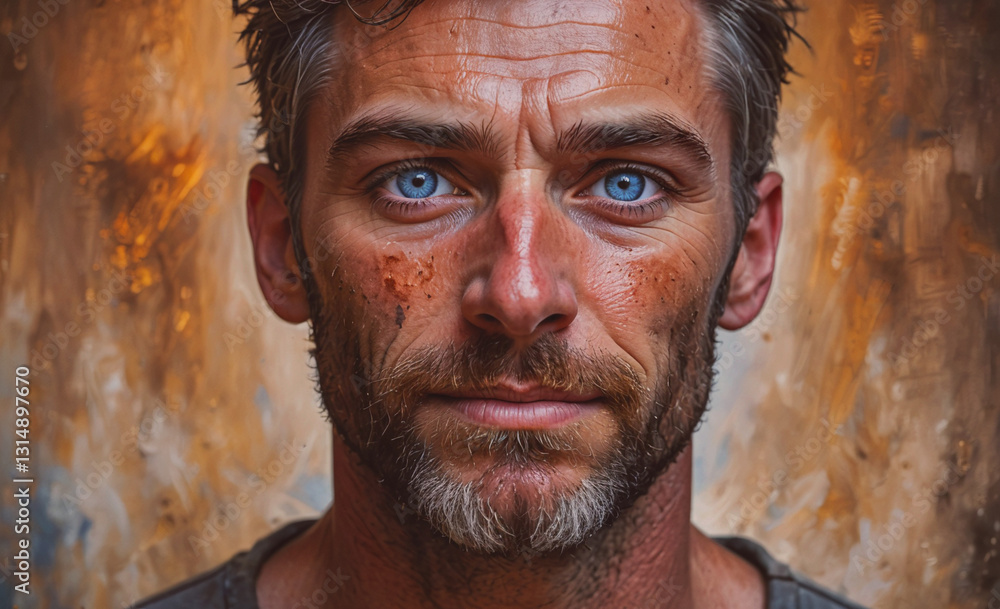 Poster Man with a beard and blue eyes is staring at the camera. He has a scruffy appearance and he is in a bad mood