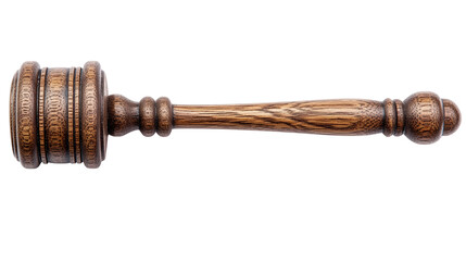 Closeup of a wooden brown judge gavel isolated, representing the judicial system, courtroom authority, and justice, ideal for legal or government-related imagery.