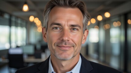Fototapeta premium Portrait of a mature, confident businessman with a subtle smile, set against a softly blurred office backdrop. His gaze is direct, conveying professionalism and approachability.