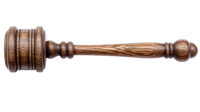 Closeup of a wooden brown judge gavel isolated, representing the judicial system, courtroom authority, and justice, ideal for legal or government-related imagery.