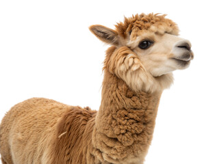 Obraz premium Curly-fleece alpaca with neck craned studio portrait close-up animals, isolated on white or transparent background
